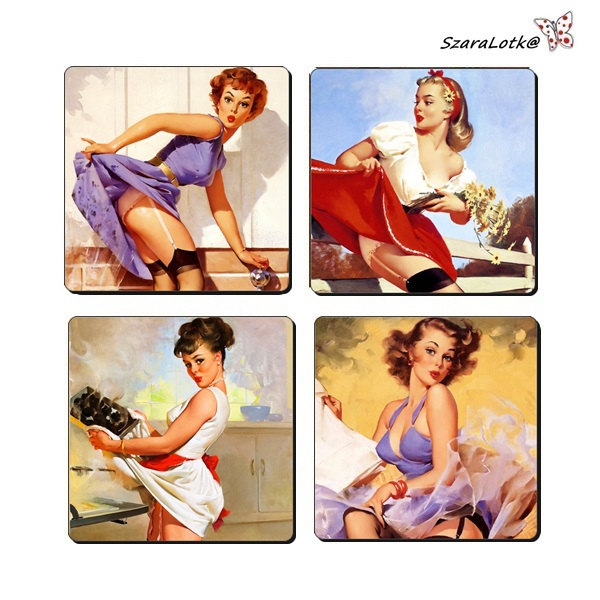 Set Of 4 Coasters In Cup Theme Pinup Girl Wood Decoupage